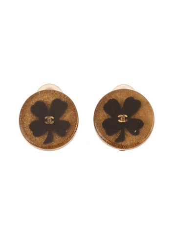 CHANEL 2001 Made Round Clover Cc Mark Earrings Gold/Clear