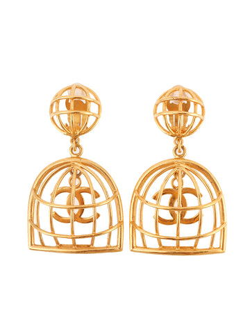 CHANEL 1993 Made Bird Cage Cc Mark Swing Earrings Gold