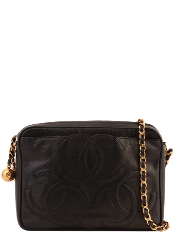 CHANEL Around 1995 Made Triple Cc Mark Stitch Chain Shoulder Bag Black