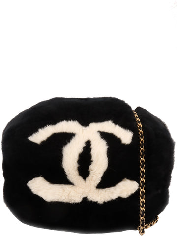 CHANEL Lapin Fur Cc Mark Chain Arm Warmer Black/White