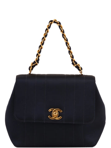 CHANEL Around 1995 Made Silk Satin Turn-Lock Top Handle Bag Navy