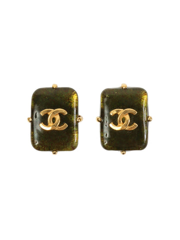 CHANEL 1997 Made Gripoix Rectangular Cc Mark Earrings Khaki/Gold