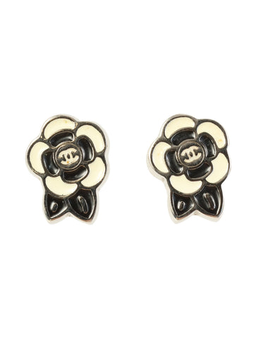 CHANEL 2005 Made Camellia Mini Cc Mark Pierced Earrings White/Black