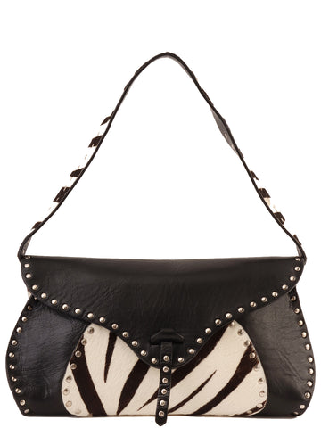 CELINE Unborn Calf Zebra Pattern Studs Top Handle Bag Black/White