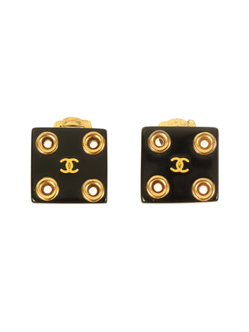 CHANEL 2001 Made Square Cc Mark Earrings Gold/Black