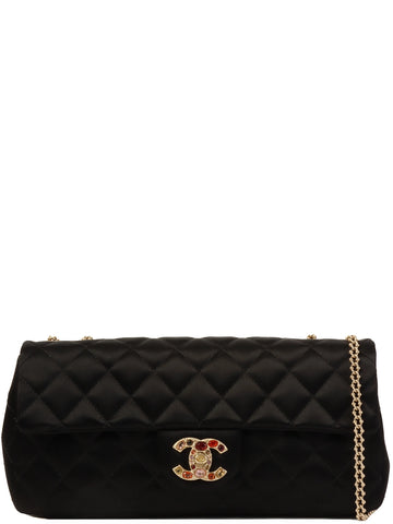 CHANEL Around 2008 Made Silk Satin Gripoix Turn-Lock Chain Bag Black/Gold/Multi