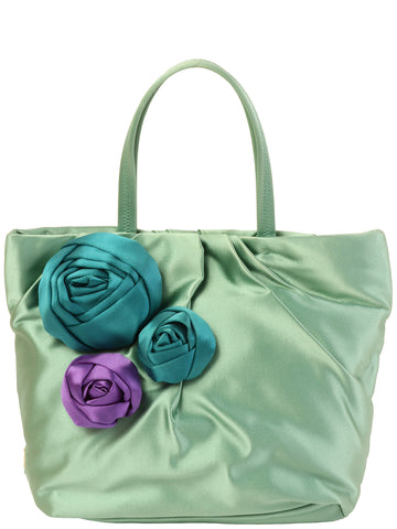 PRADA Satin Flower Motif Logo Plate Top Handle Bag Mint Green