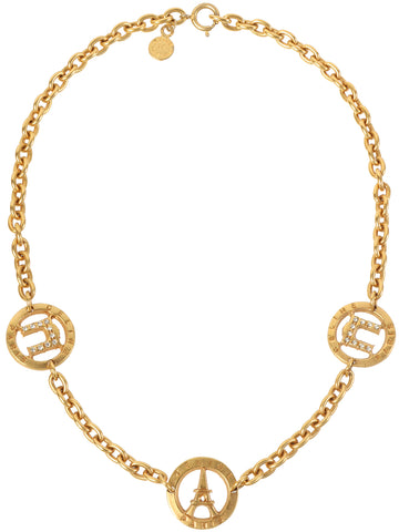 CELINE Rhinestone Circle Logo Motif Necklace Gold