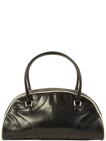 PRADA Punching Leather Logo Embossed Top Handle Bag Black