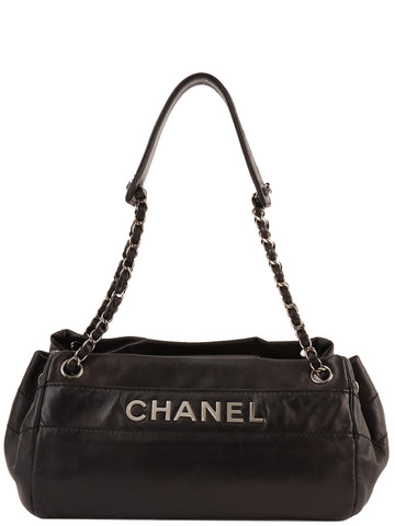 CHANEL Around 2005 Made Logo Plate Chain Shoulder Bag Black