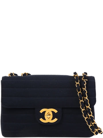 CHANEL Around 1995 Made Jersey Straight Flap Chain Bag Jumbo Navy