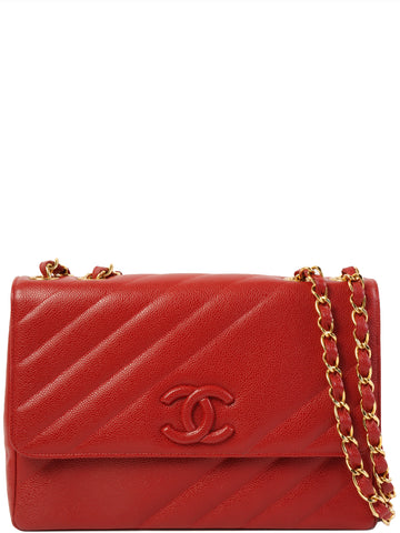 CHANEL Around 1995 Made Caviar Skin Mademoiselle Stitch Cc Mark Chain Top Handle Bag Red