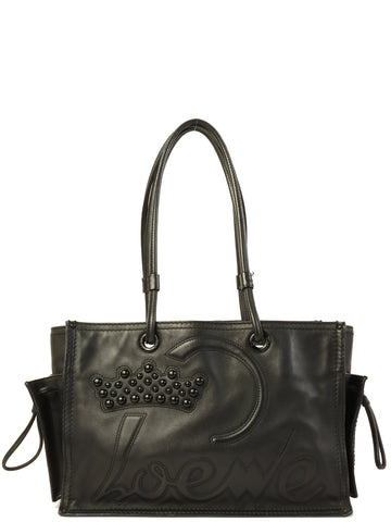 LOEWE Leather Logo Stitch Studs Shoulder Bag Black