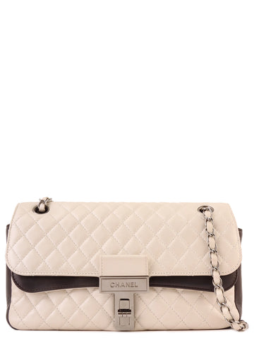 CHANEL Around 2008 Made Bicolor 2.55 Chain Shoulder Bag Pearl White/Black