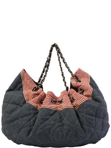 CHANEL Around 2009 Made Denim Cc Mark Stitch Tote Bag Indigo/Red