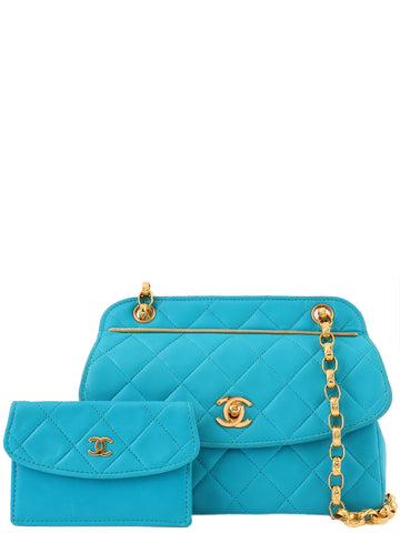 CHANEL Around 1990 Made Turn-Lock Bijoux Chain Bag Turquoise Blue