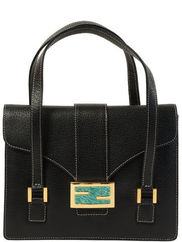 FENDI Leather Enamel Logo Plate Top Handle Bag Black/Green