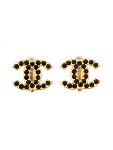 CHANEL 2001 Made Rhinestone Cc Mark Earrings Gold/Black