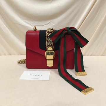 Gucci Red Leather Mini Sylvie Chain Top Handle Bag Sku# 75310