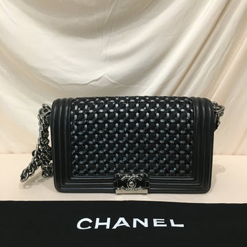 Chanel Black Woven Braided Leather Silver Hardware Old Medium Boy Flap Bag Sku# 75319