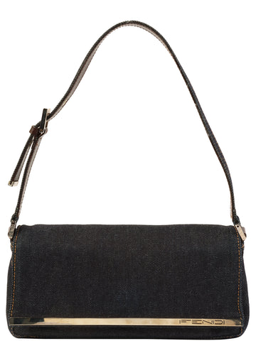 FENDI Denim Logo Plate Shoulder Bag Indigo