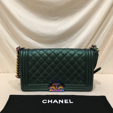 Chanel Green Iridescent Leather Old Medium Boy Shoulder Bag Sku# 75880