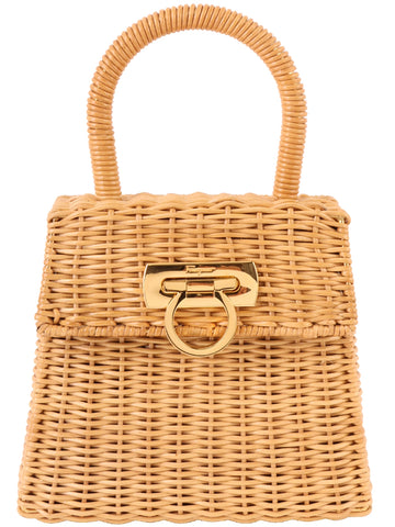 SALVATORE FERRAGAMO Gancini Plate Rattan Bag Beige