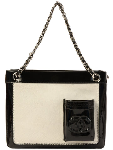 CHANEL Around 2005 Made Unborn Calf Patent Conbination Cc Mark Stitch Chain Tote Bag White/Black