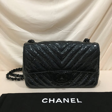 Chanel Black Chevron Patent Black Hardware Single Flap Shoulder Bag Sku# 75886