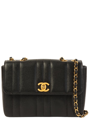 CHANEL Around 1995 Made Caviar Skin Mademoiselle Stitch Turn-Lock Chain Bag Black