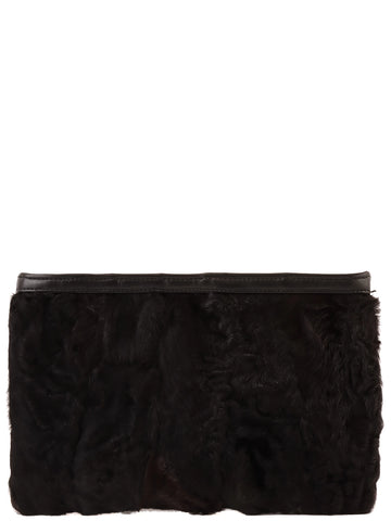 LOEWE Fur Leather Combination Logo Embossed Clutch Bag Black