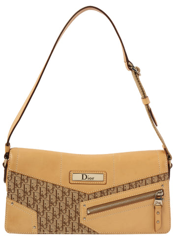 DIOR Canvas Leather Combination Trotter Pattern Shoulder Bag Beige