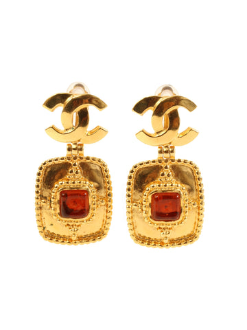 CHANEL 1996 Made Gripoix Square Cc Mark Swing Earrings Gold/Brown