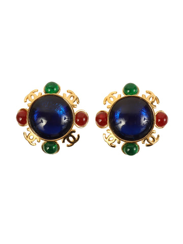 CHANEL 1990 Made Gripoix 4 Cc Mark Plate Earrings Gold/Multi
