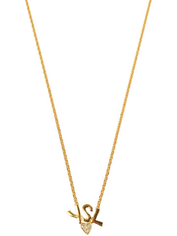 YVES SAINT LAURENT Rhinestone Heart Logo Plate Necklace Gold