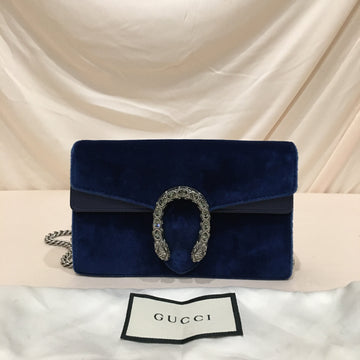 Gucci Blue Velvet Crystal Super Mini Dionysus Crossbody Bag Sku# 75923