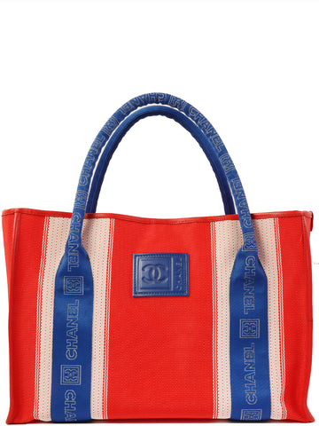 CHANEL Around 2008 Made Sport Line Logo Embossed Tote Bag Red/Blue/White