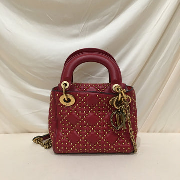 CHRISTIAN DIOR Dior Red Leather Stud Mini Lady Dior 2-ways Tote Bag Sku# 75921