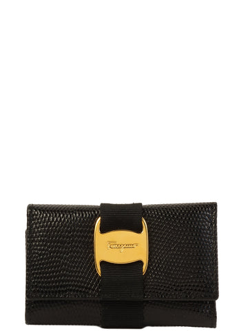 SALVATORE FERRAGAMO Lizard Pattern Vara Plate Key Case Black