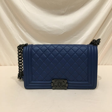 Chanel Blue Leather Black Hardware Old Medium Boy Flap Shoulder Bag Sku# 76106