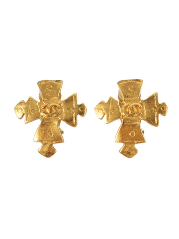 CHANEL 1994 Made Cross Motif Cc Mark Earrings Gold