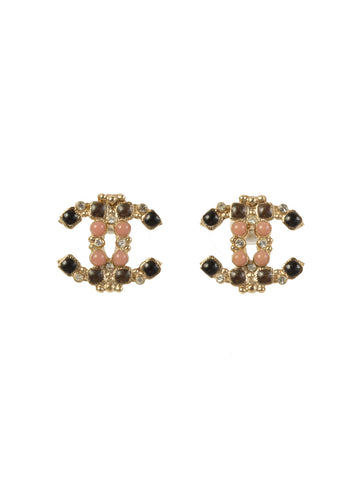 CHANEL 2012 Made Rhinestone Cc Mark Pierced Earrings Gold/Pink/Black