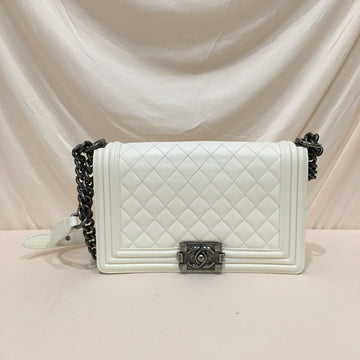 Chanel White Leather Old Medium Boy Flap Shoulder Bag Sku# 76132