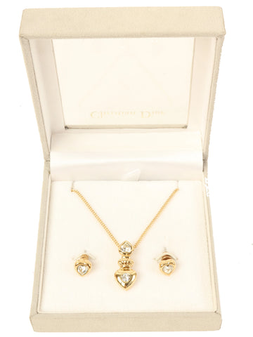 DIOR Heart Rhinestone Pierced Earrings Necklace Sets Gold