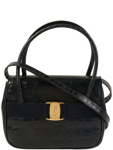 SALVATORE FERRAGAMO Crocodile Pattern Vara Plate 2Way Bag Navy