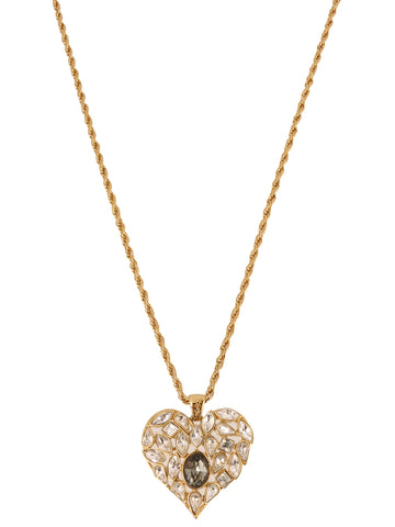 YVES SAINT LAURENT Rhinestone Heart Motif Long Necklace Gold