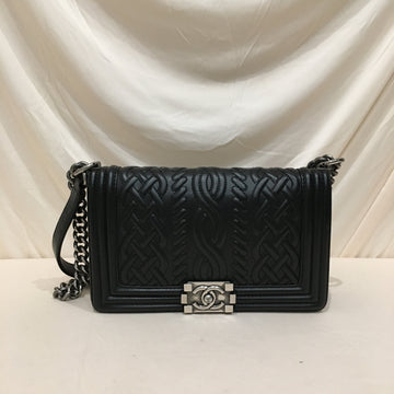 Chanel Black Leather Old Medium Celtic Knot Embossed Paris-Edinburgh Boy Flap Shoulder Bag Sku# 76297