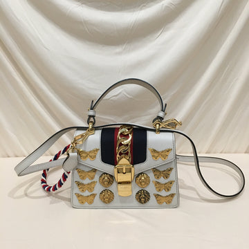 Gucci White Calfskin Animal Stud Sylvie Mini Top Handle Bag Sku# 72451