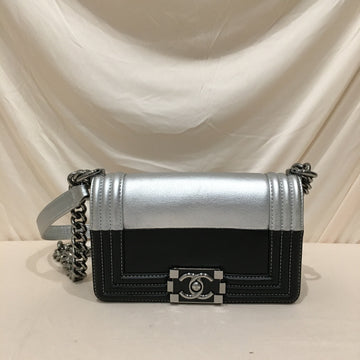 Chanel Silver Black Leather Small Boy Flap Shoulder Bag Sku# 76313