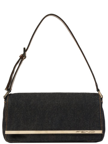 FENDI Denim Logo Plate Shoulder Bag Indigo